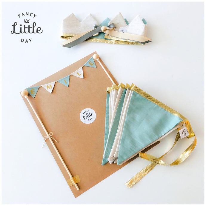 Kit de décoration couronne , cake topper et guirlande bonne fête lin naturel. Décoration de fête unisexe et réutilisable. Birthday kit