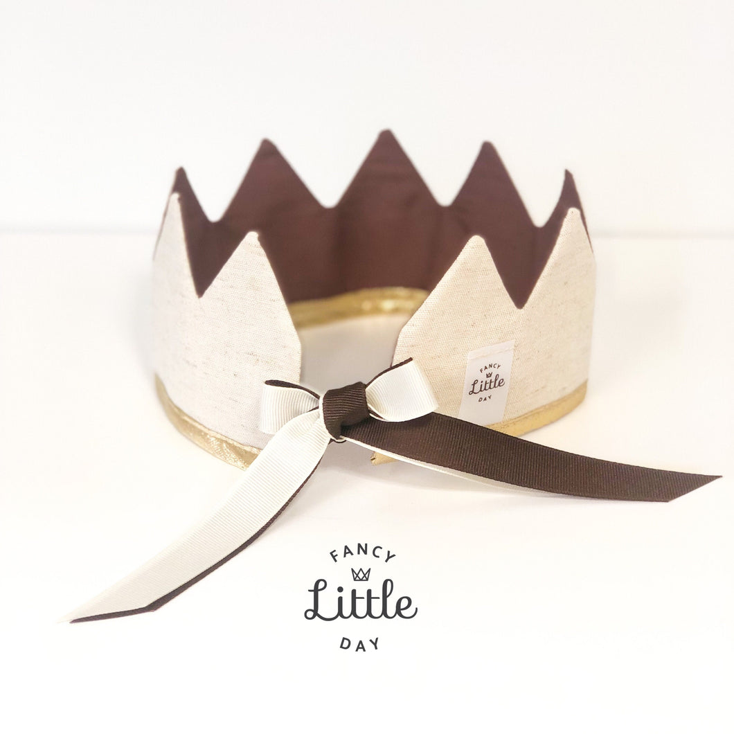 Couronne de fête réversible et ajustable : en tissus Lin naturel et coton uni CHOCOLAT. Unisexe, ajustable et réutilisable.  Birthday Crown